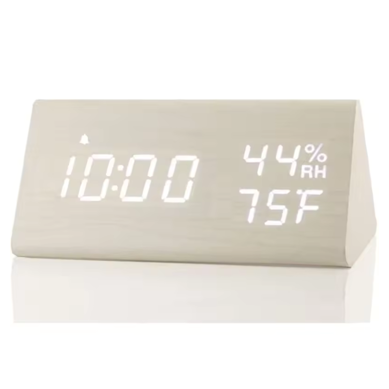 Smart LED alarm clock displaying time, temperature, and humidity