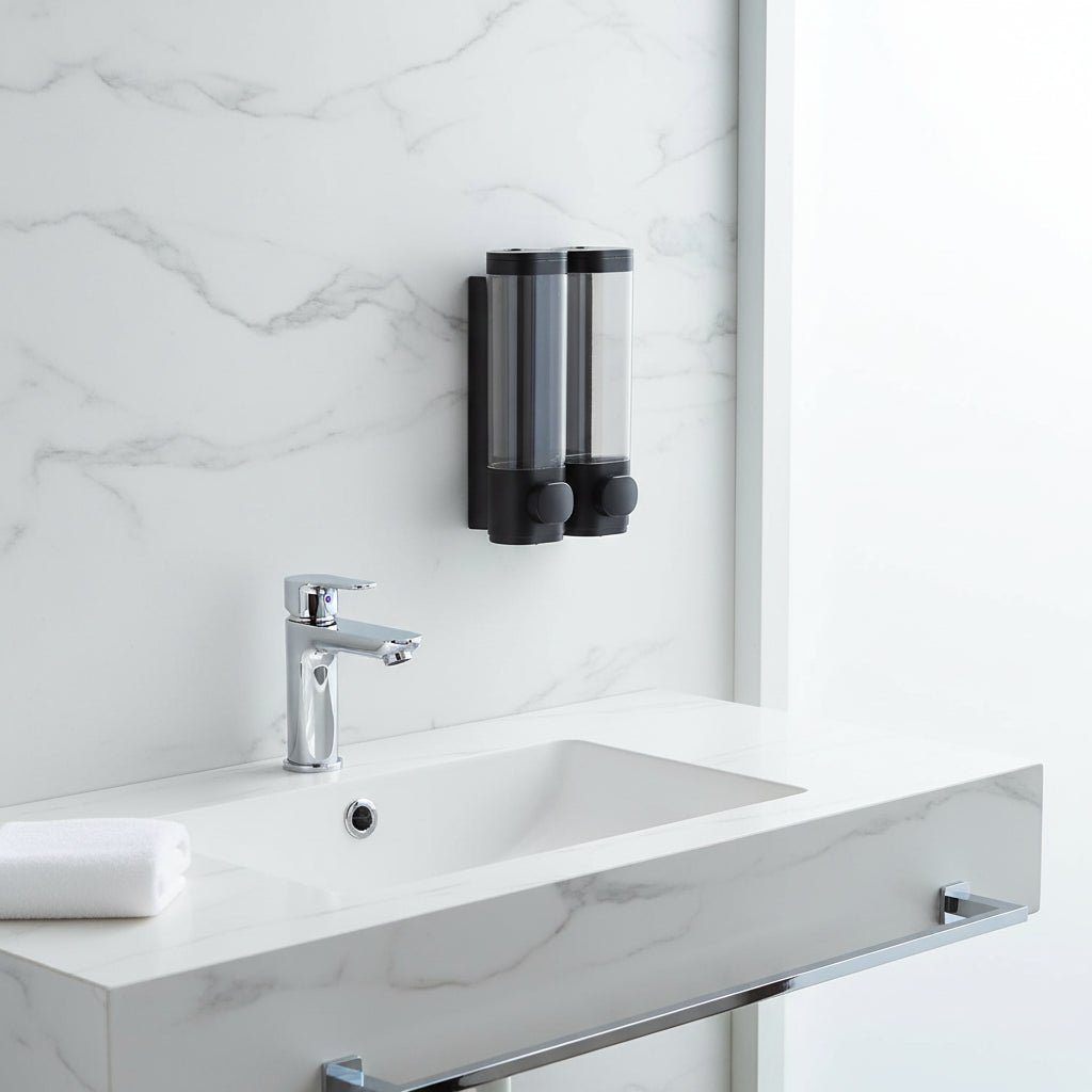 Soap Dispenser Wall Mount No Drill - Easy Install Shower Bathroom Solution - wall mounted Soap Dispenser - Hurbane Home
