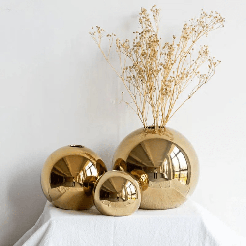 Spherical Vase – Gold Plated Ceramic Tabletop Flower Display Decor - Hurbane Home