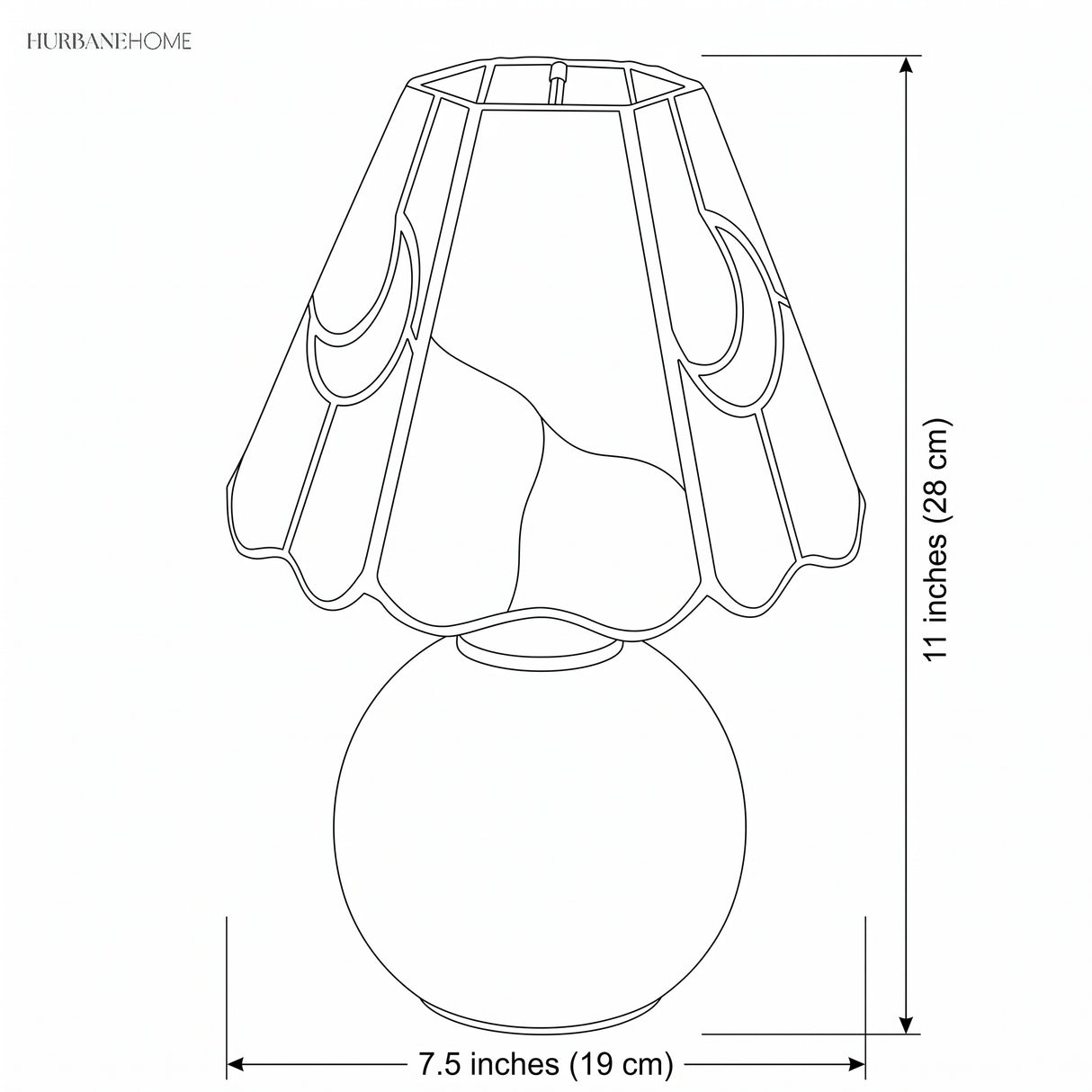 Dimension drawing of the scalloped shade at 11 inches high and 7.5 inches wide