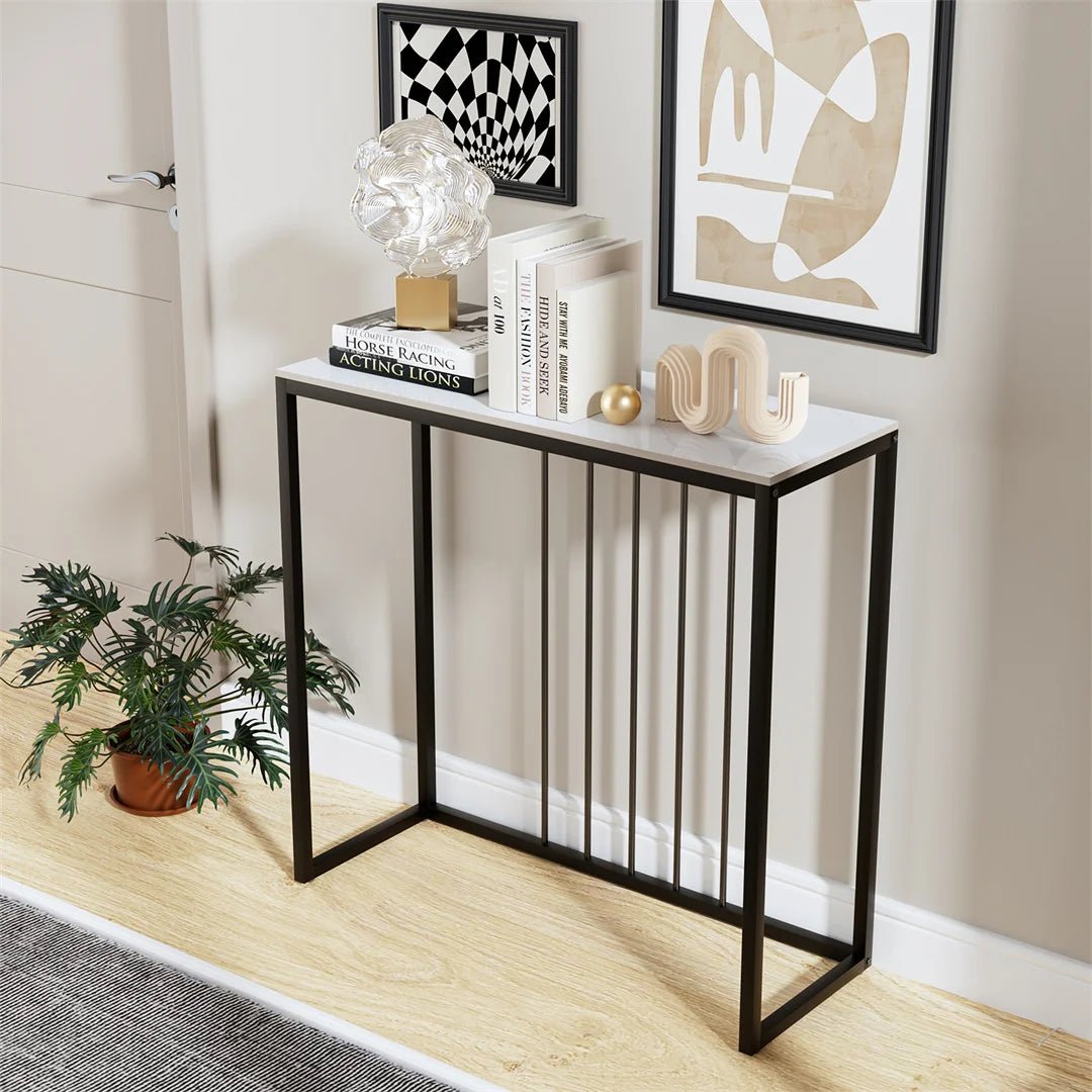 Stone Top Console Table – Slim Black Metal Frame Entryway Accent - Hurbane Home