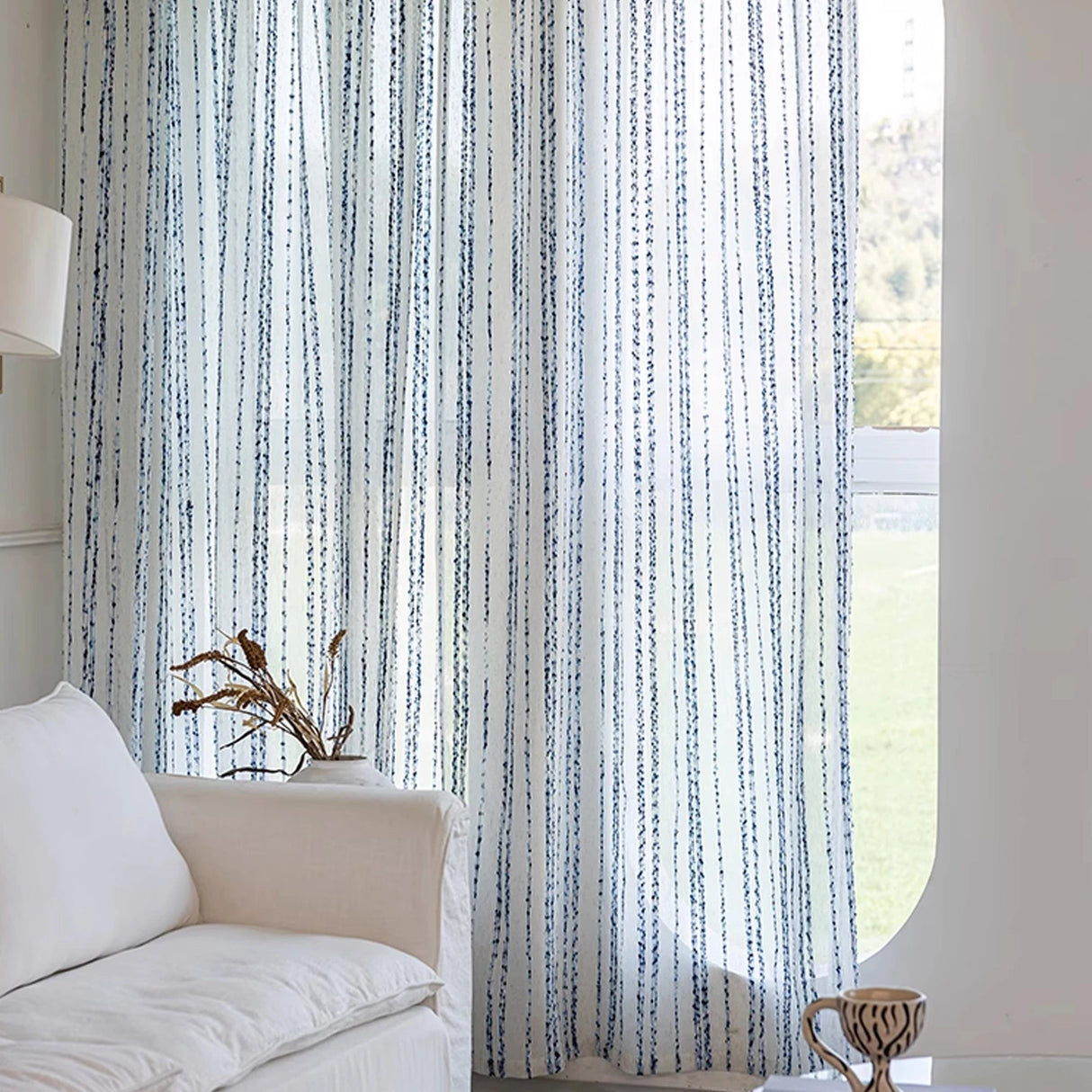 Striped Linen Curtains – Blue and White Semi Sheer Window Panels - Hurbane Home