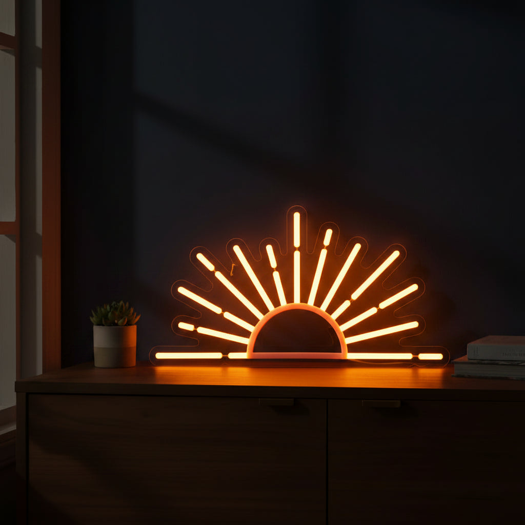 Sunset neon sign installed in a bedroom
