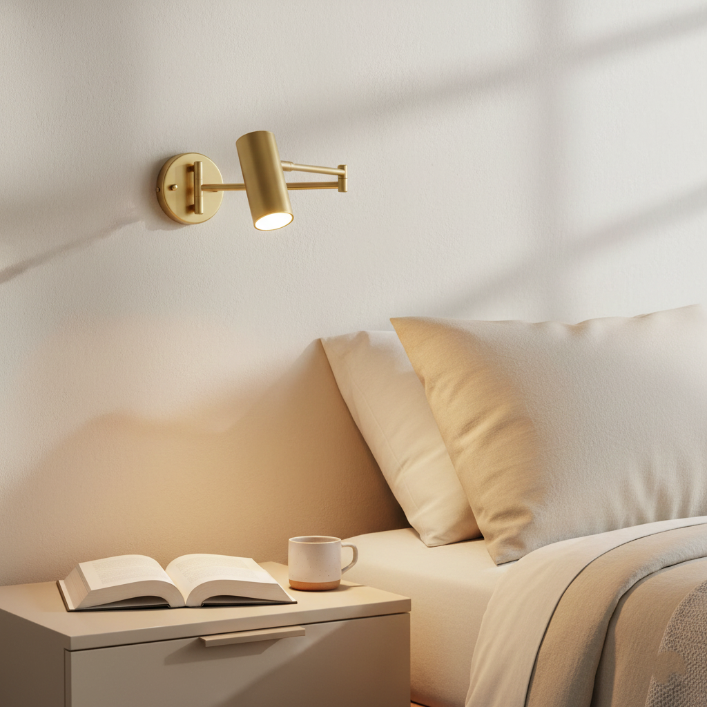 Gold swing arm sconce lit above a bed with cream pillows
