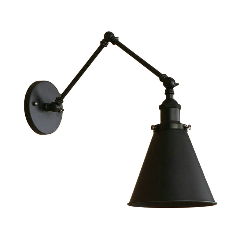 Black iron swing arm sconce shown unlit on a white background