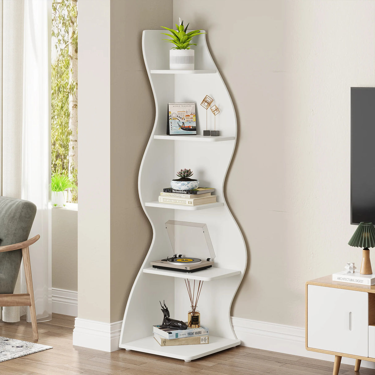 Tall corner bookcase placed in modern bedroom