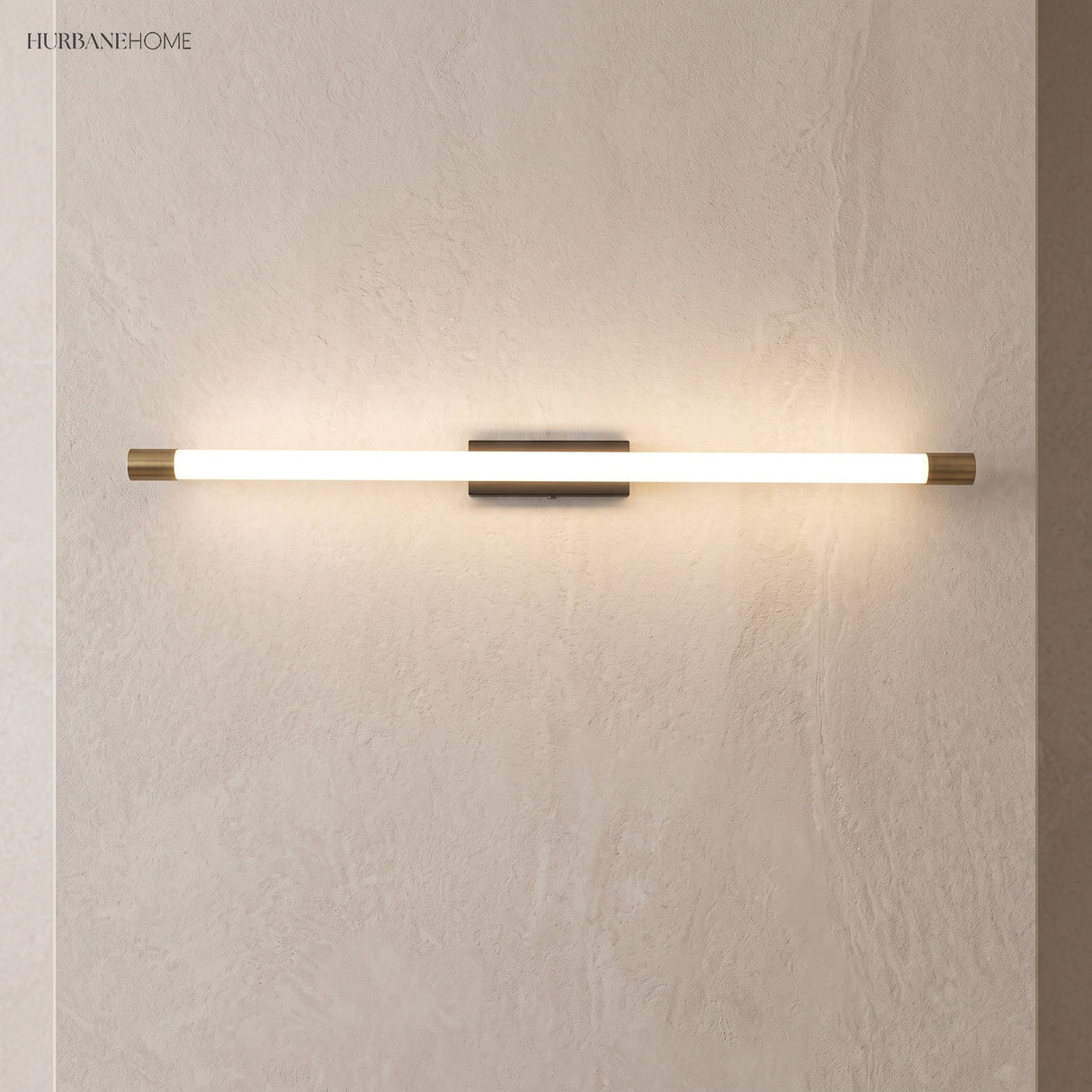 Linear LED wall sconce mounted horizontally on a textured plaster wall