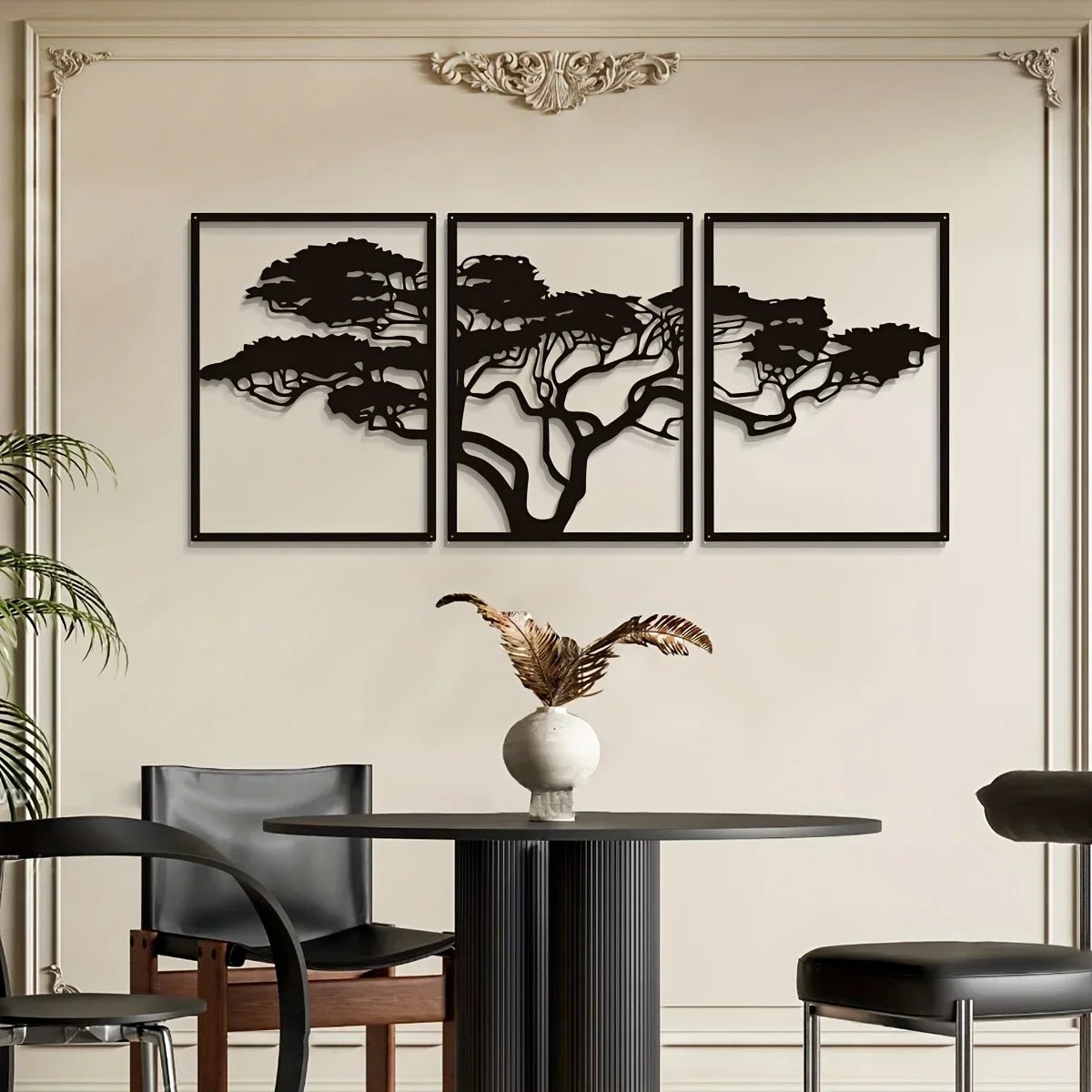 Three Piece Tree Wall Art - Tree of Life Black Metal Wall Set - Hurbane Home
