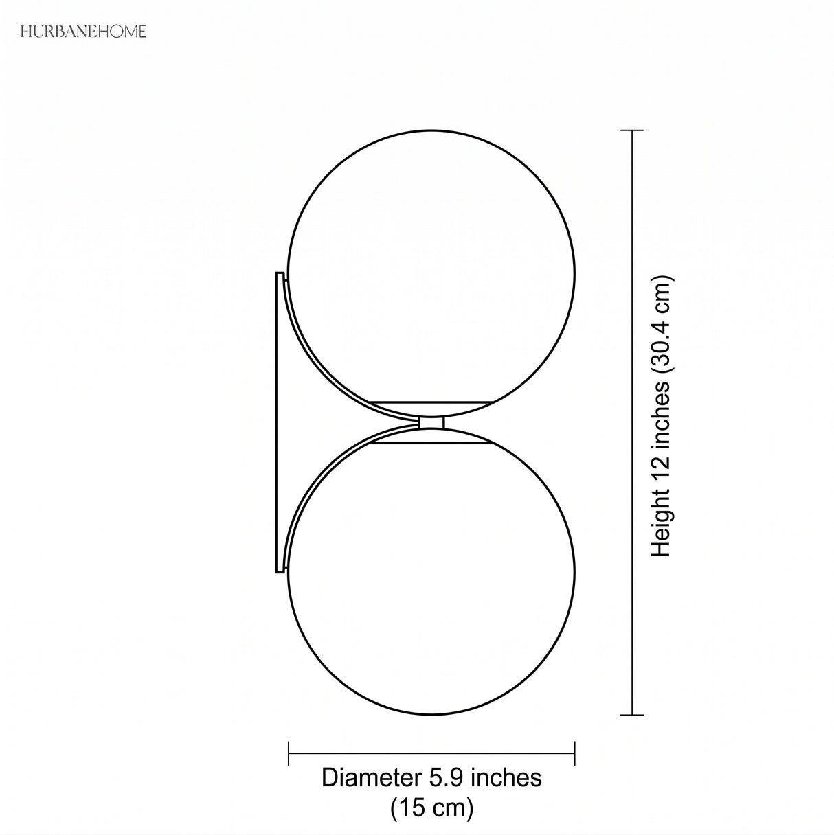Dimension diagram: double globe wall lamp, height 12 inches, diameter 5.9 inches