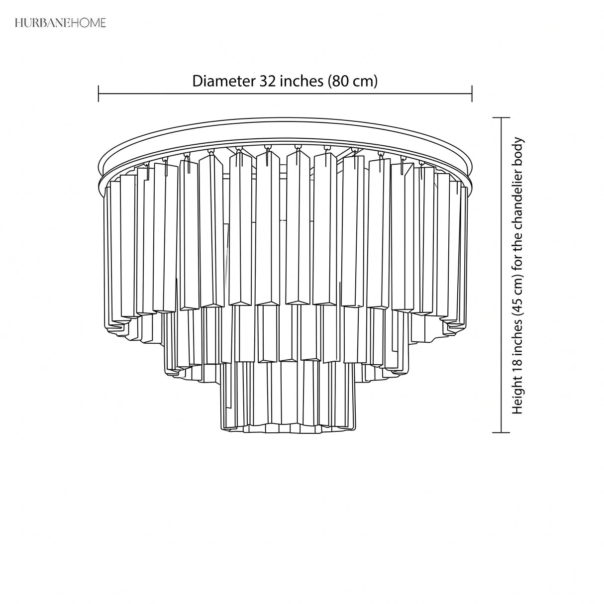 Line drawing of the tiered crystal chandelier showing 32 inch diameter and 18 inch body height