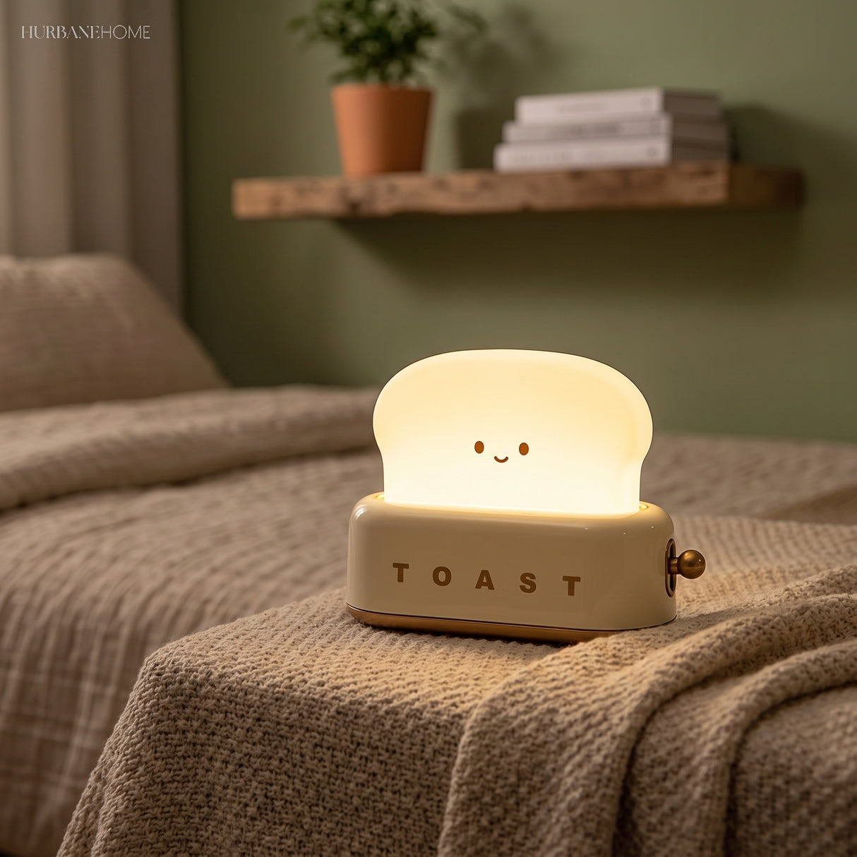 Cream toaster table lamp glowing on a bed near a green wall shelf