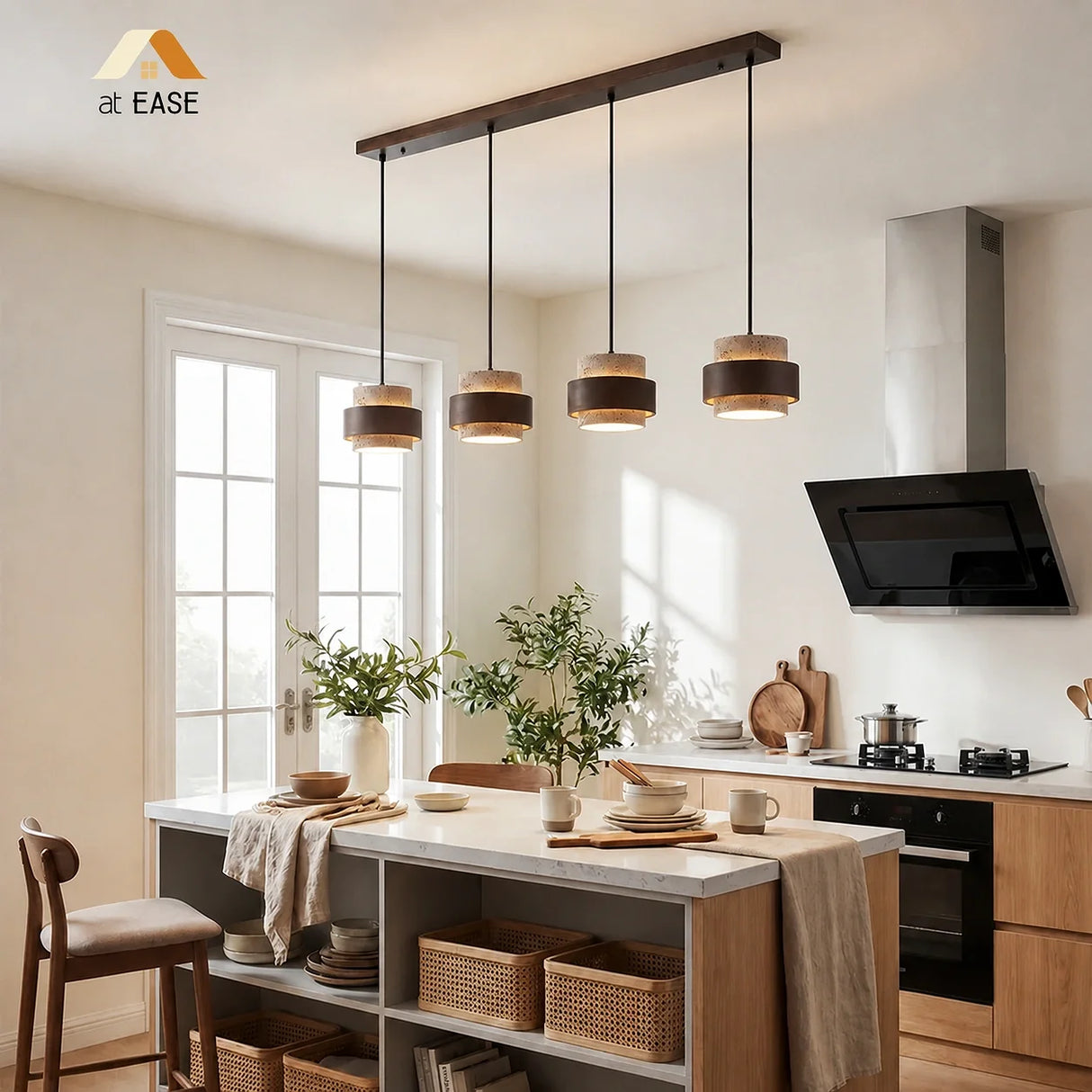 Beige travertine pendant light, four heads, over a kitchen island