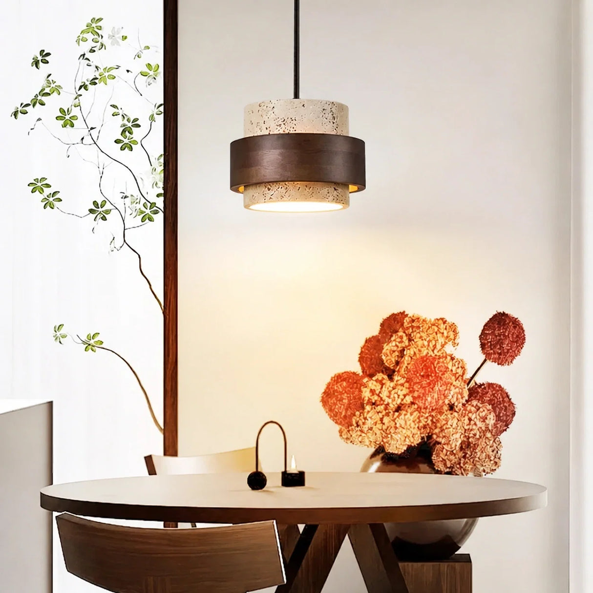 Beige travertine pendant light with dark wood band, single head, round table
