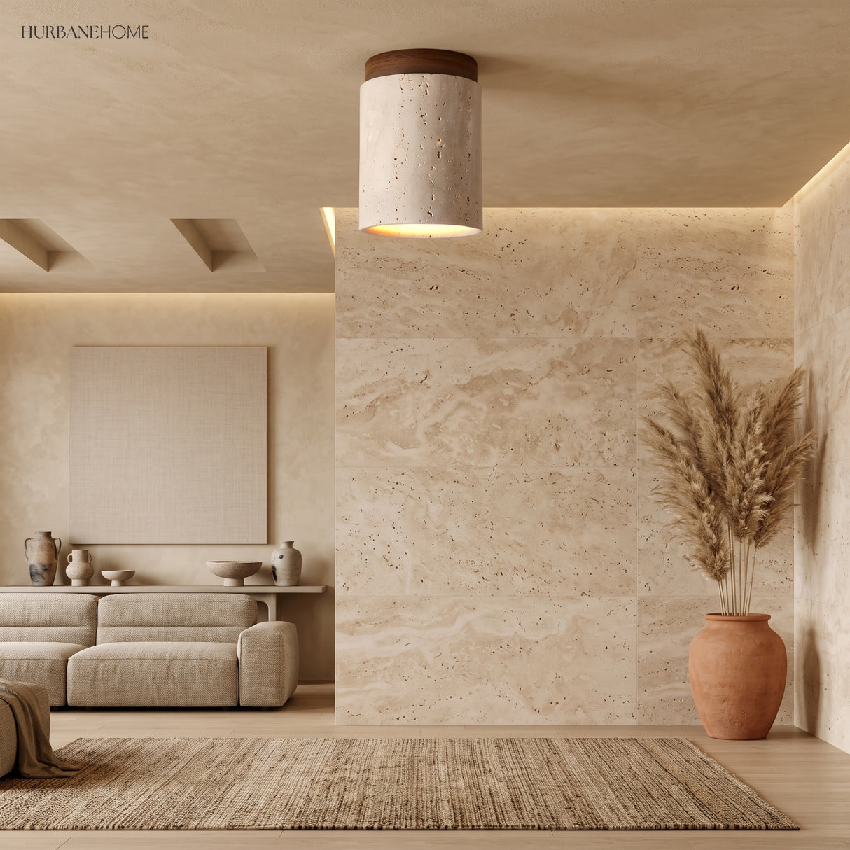 Travertine semi flush light against a stone clad living room wall