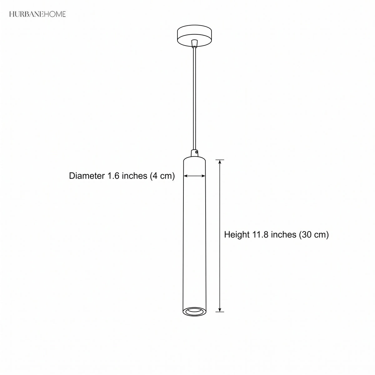Diagram showing pendant diameter 1.6 inches and height 11.8 inches