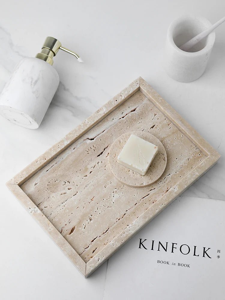 Travertine Stone Tray - Minimalist Organizer for Perfume, Candles and Jewelry - Hurbane Home