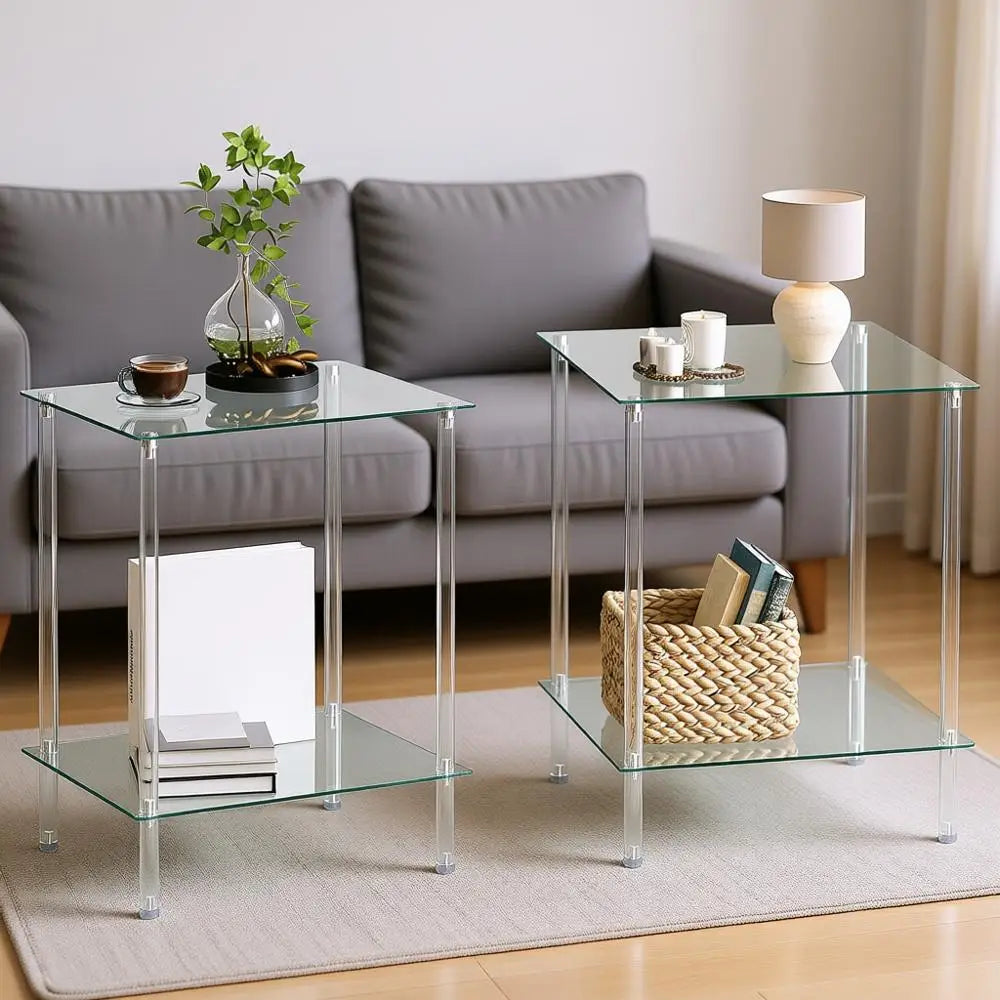 two tier glass end table with tempered shelf storage
