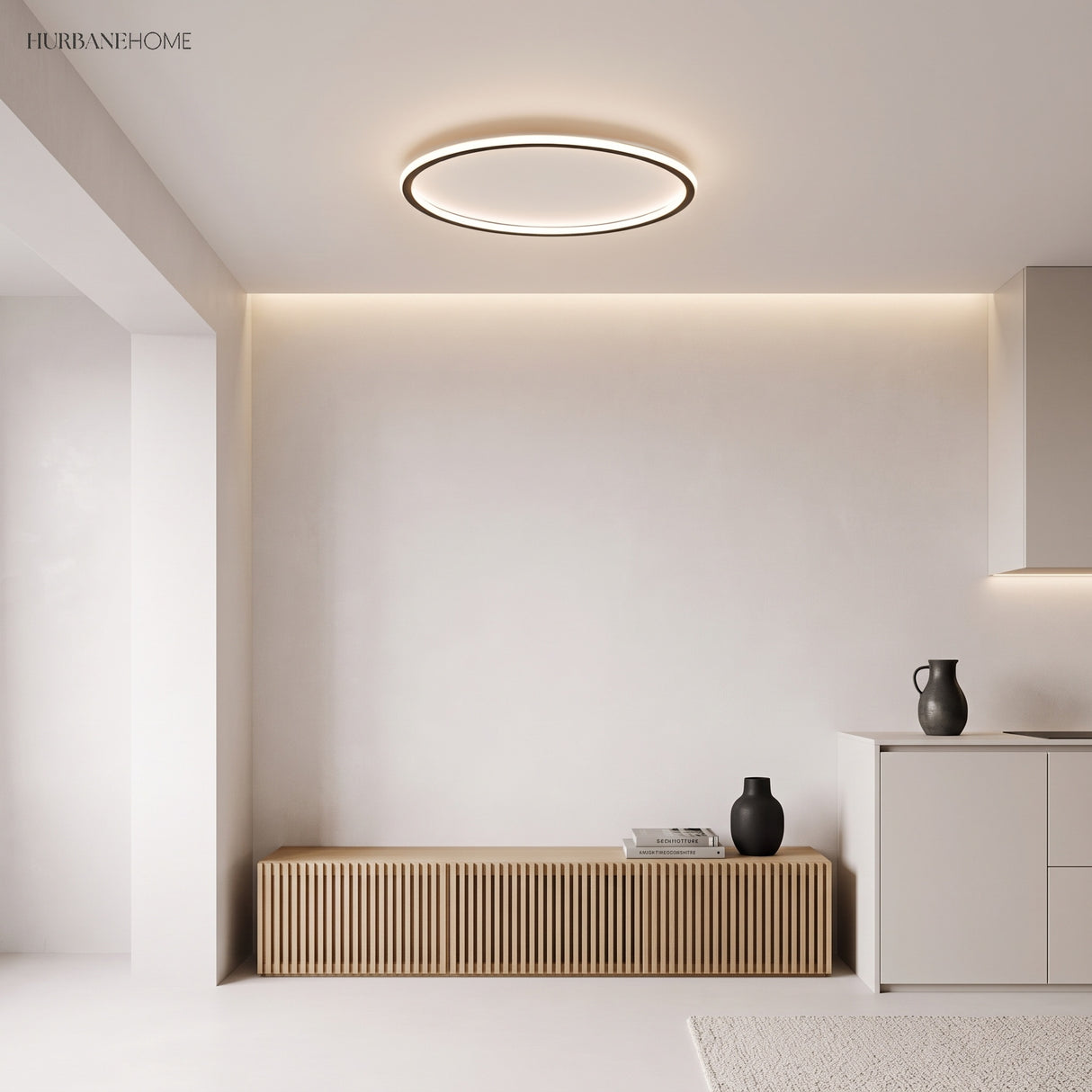 Ultra thin ceiling light in a minimal room with a fluted sideboard