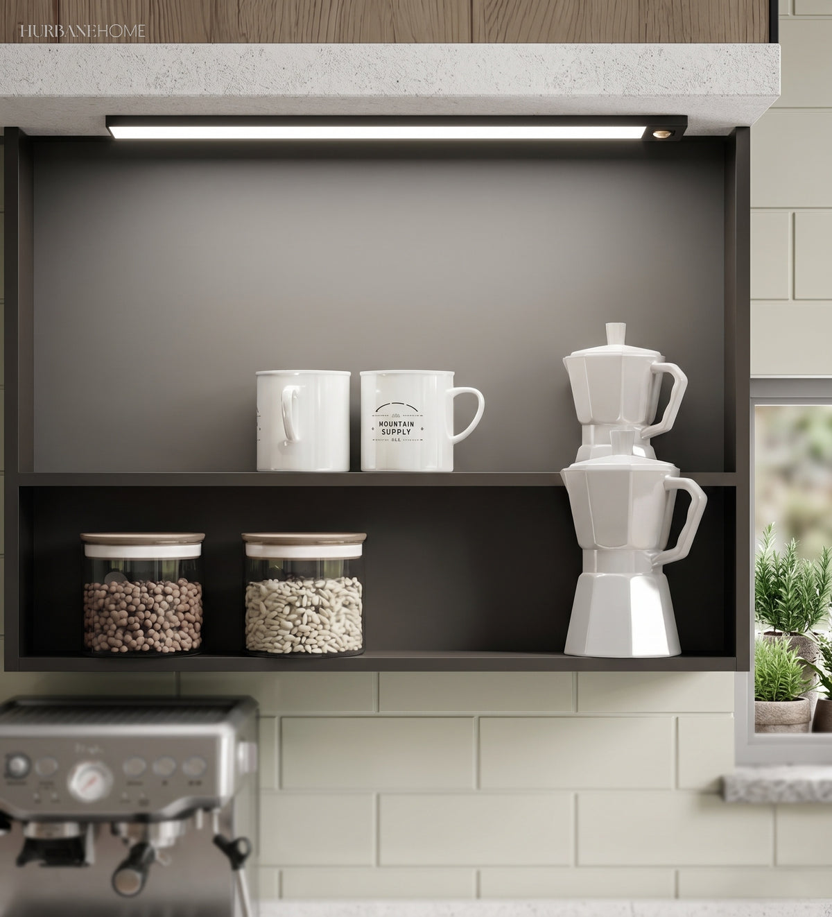 Slim light bar lighting mugs and jars inside a dark open cupboard