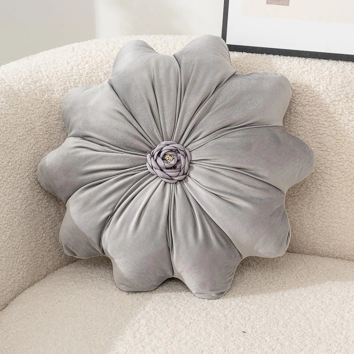 Velvet Round Pillow - Soft Plush Pleated Floral Accent Cushion - flower shaped throw pillows - Hurbane Home