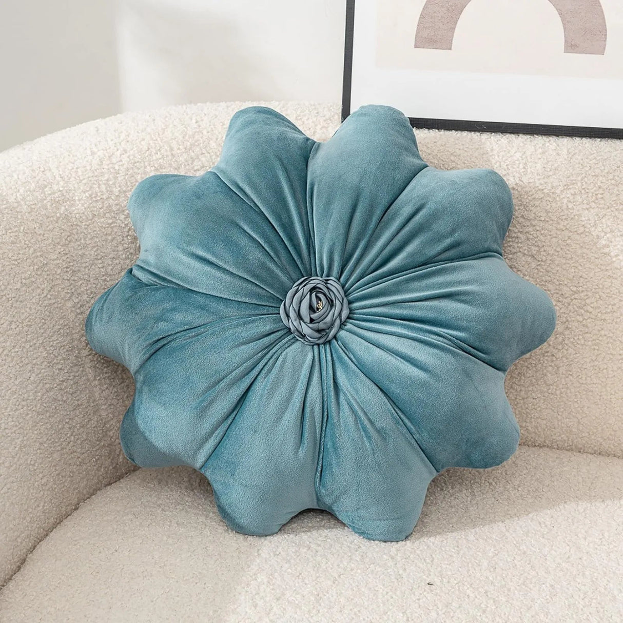 Velvet Round Pillow - Soft Plush Pleated Floral Accent Cushion - flower shaped throw pillows - Hurbane Home