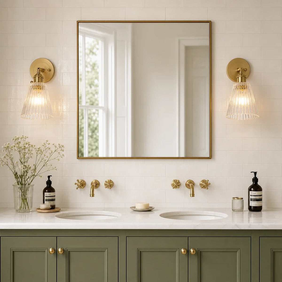 Two brass sconces either side of a mirror above green bathroom cabinets