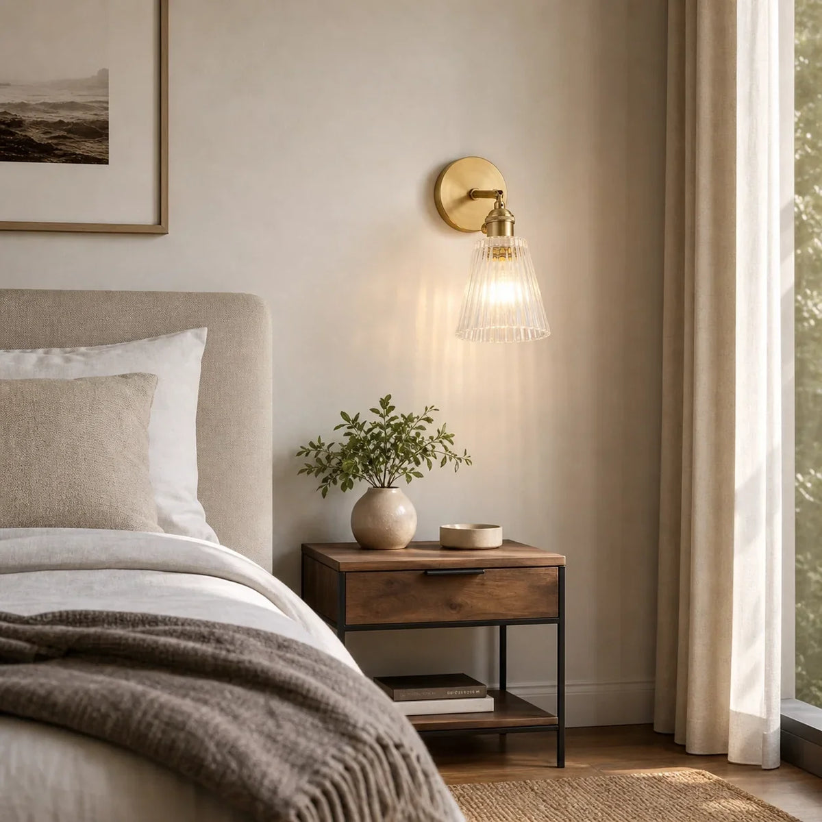 Brass wall sconce lit above a bedside table in a calm bedroom