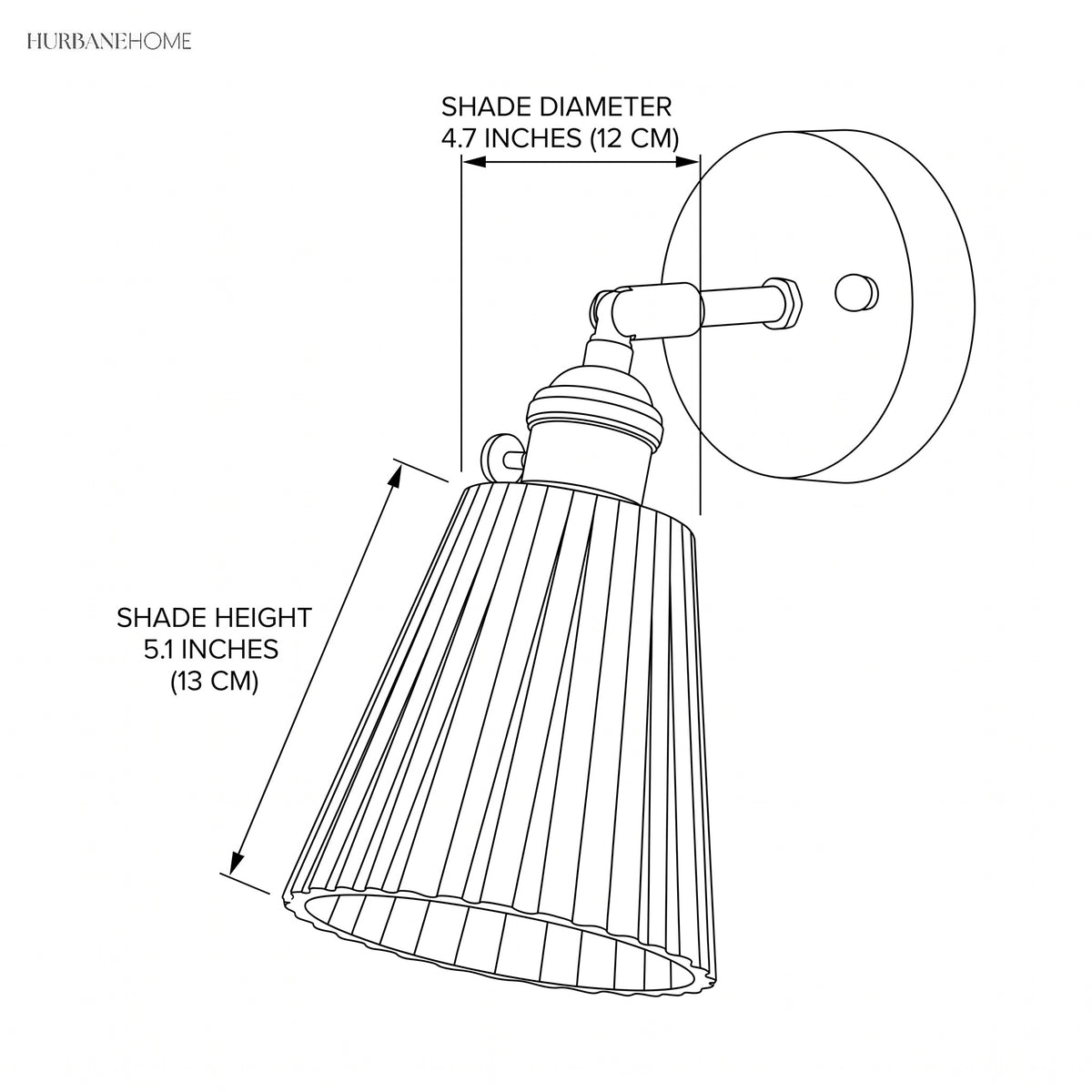 Dimension drawing of the sconce, shade 4.7 inches wide and 5.1 inches high