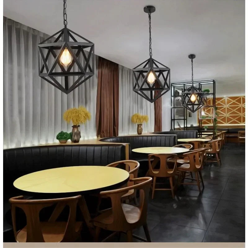 Vintage industrial metal pendant light installed above bar counter