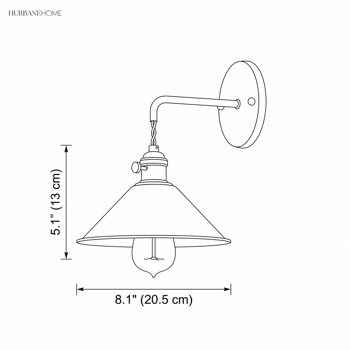 Line drawing of the cone shade sconce with an 8.1 in width label