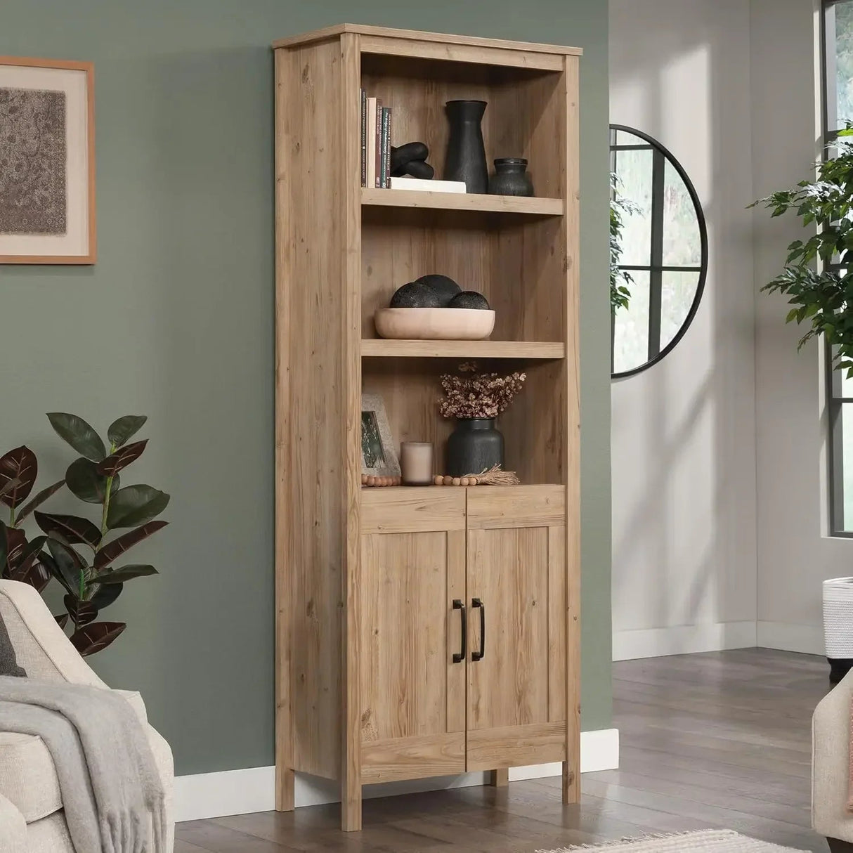 Vintage Wooden Bookcase – Khaki Pine Cabinet with Doors - Rustic Wood Bookcase - Hurbane Home