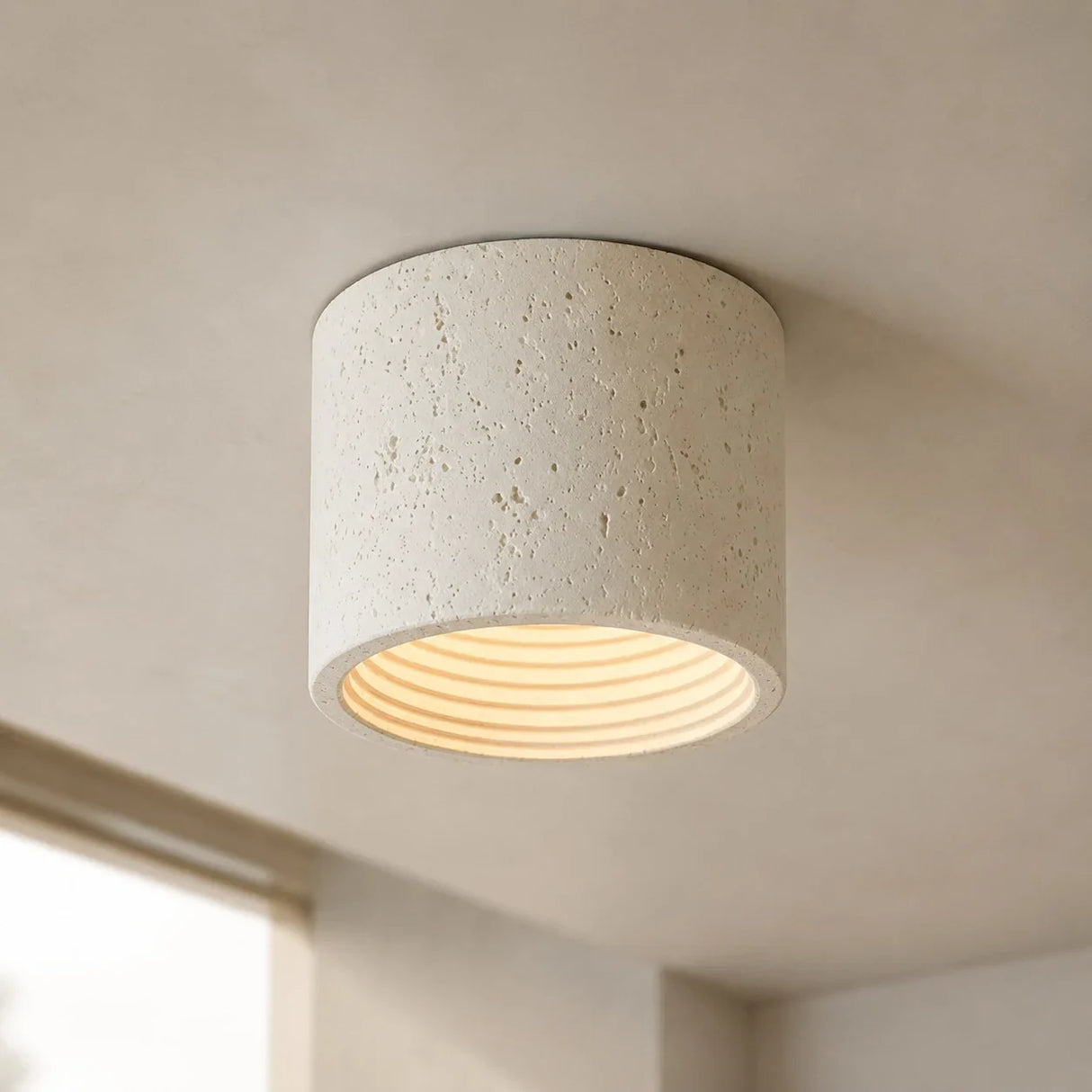 Wabi-Sabi cylindrical ceiling light with textured composite shade and integrated LED
