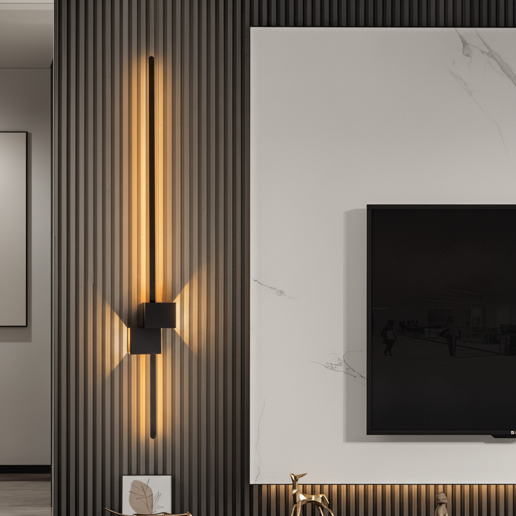 Wall mounted LED light bar angled to show slim depth