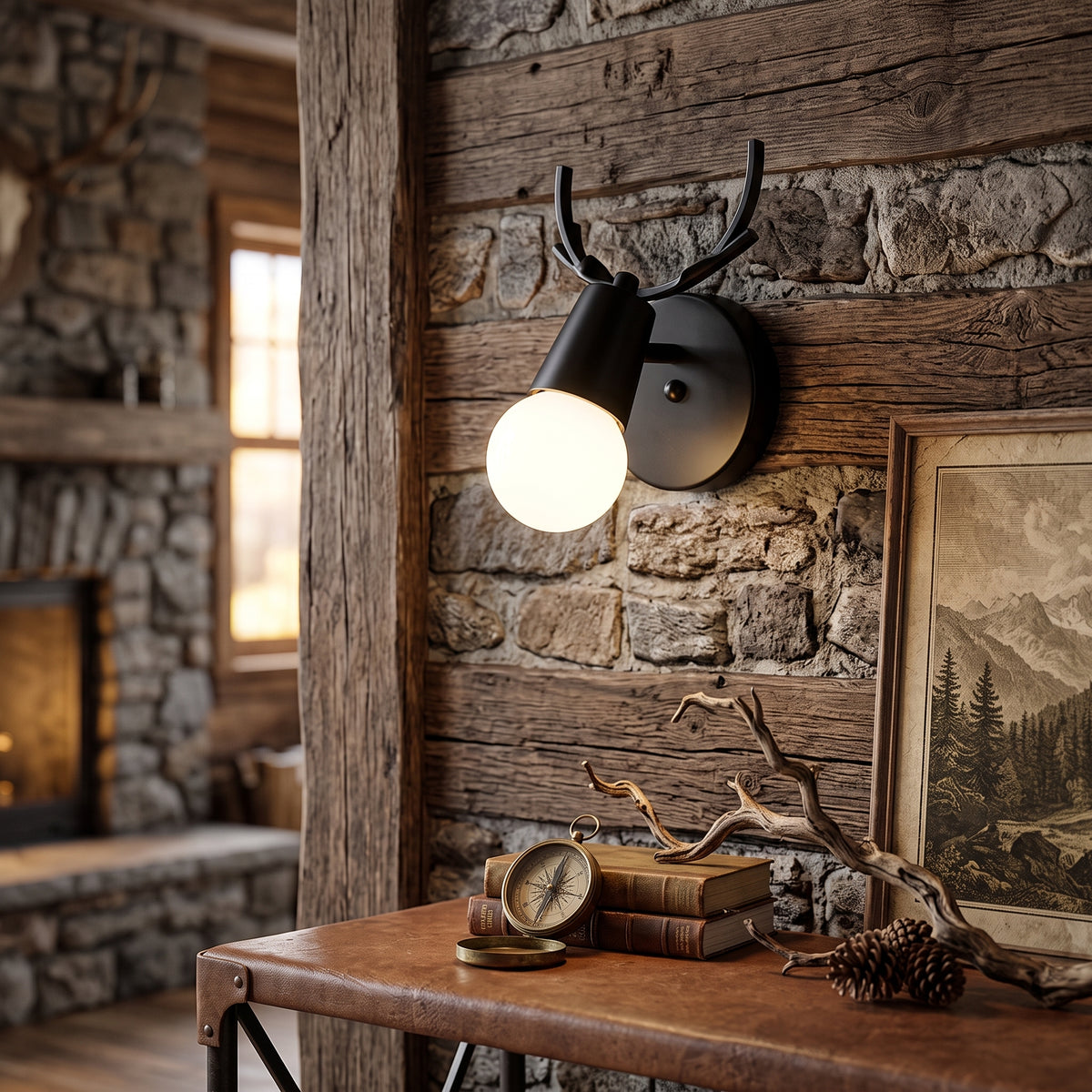 Black antler sconce lit on timber panelling beside a stone fireplace