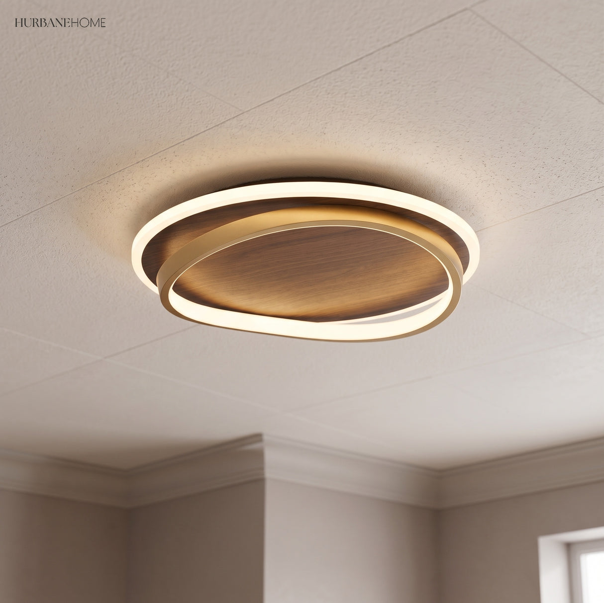 Walnut grain LED ceiling light styled in a warm modern interior