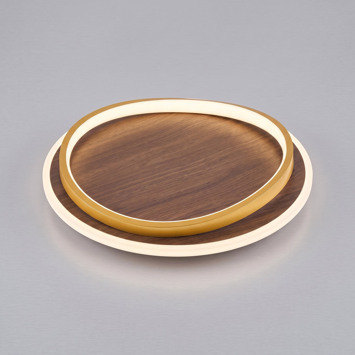 Walnut grain round LED flush mount ceiling light, studio product photo