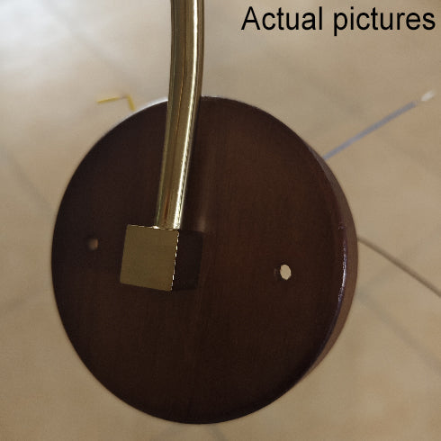 Close-up of round walnut wood backplate with brass square mount