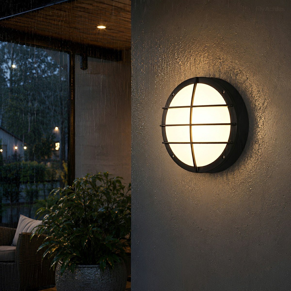 Round LED outdoor porch light detail view 3 showing finish and construction
