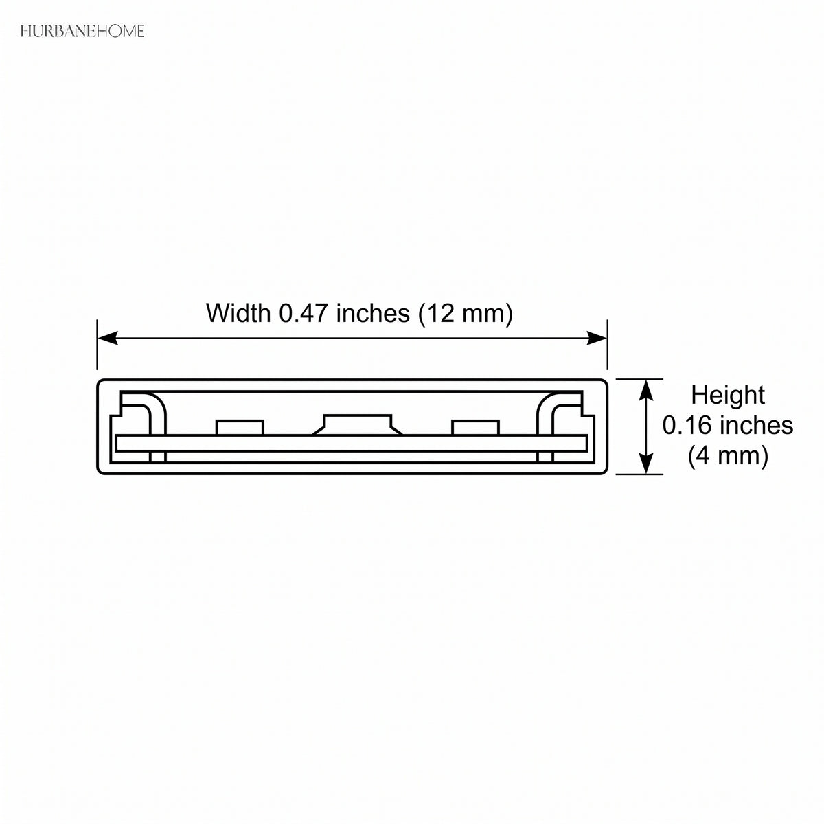 Line drawing giving the strip width 0.47 inches and height 0.16 inches