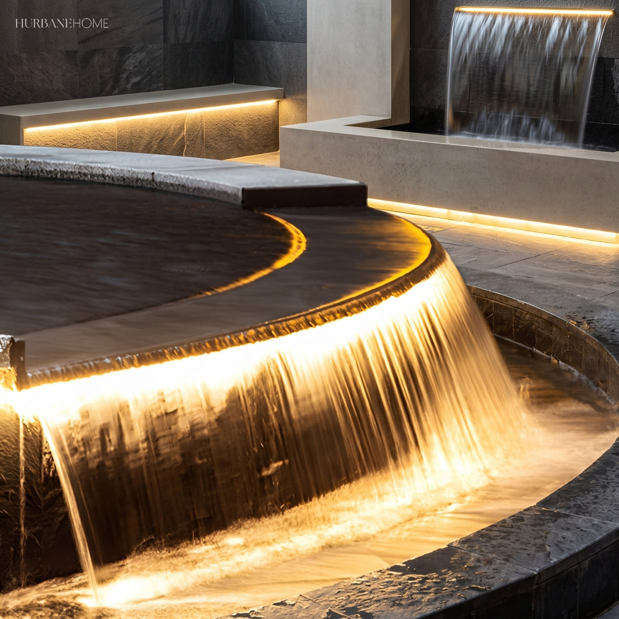 Recessed LED strip lighting the treads of a garden staircase at dusk
