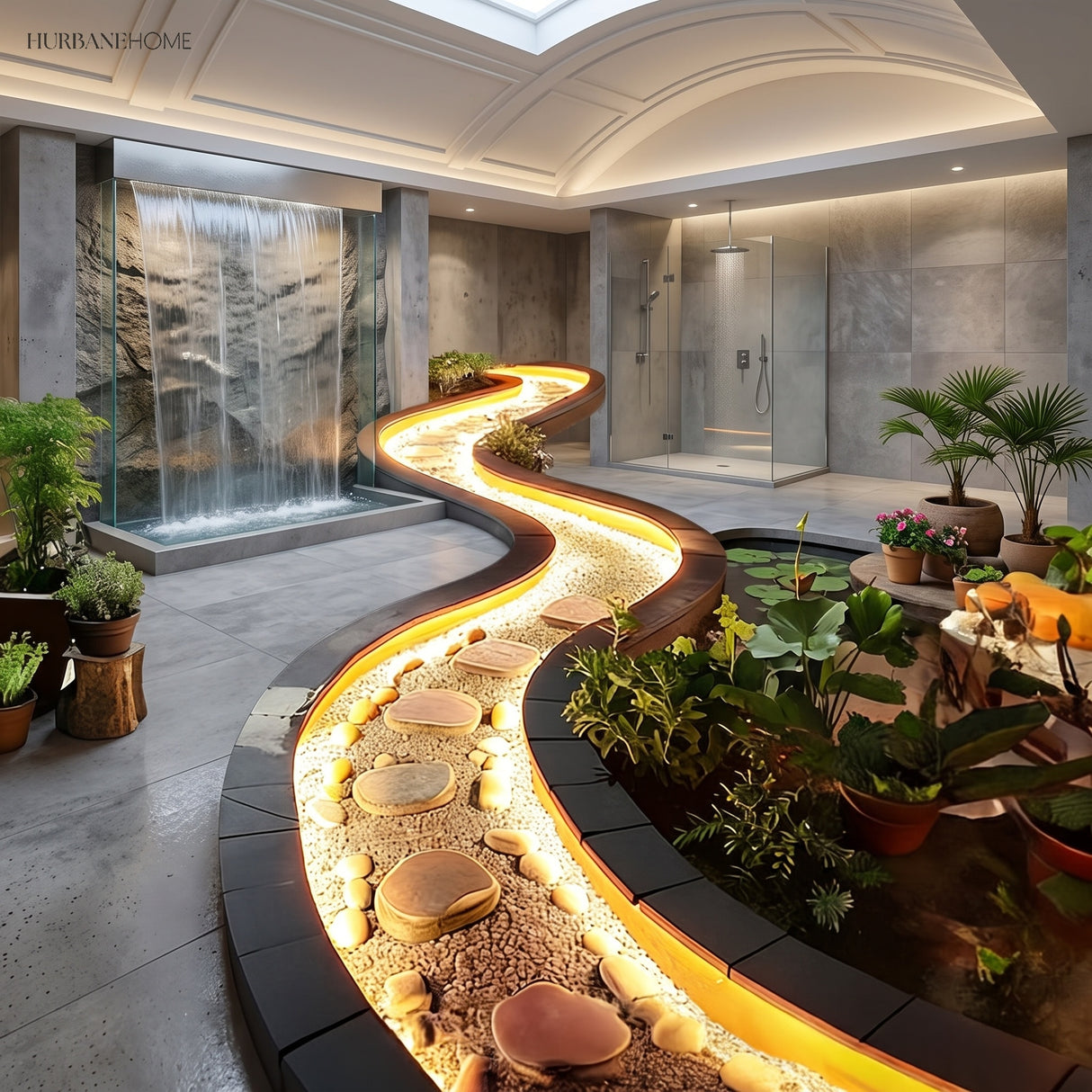 Warm strip light washing over a curved water feature and spillway
