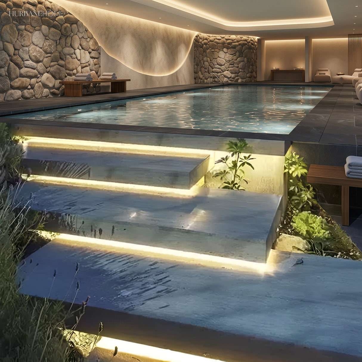 LED strip following a winding garden path beside planting and stone