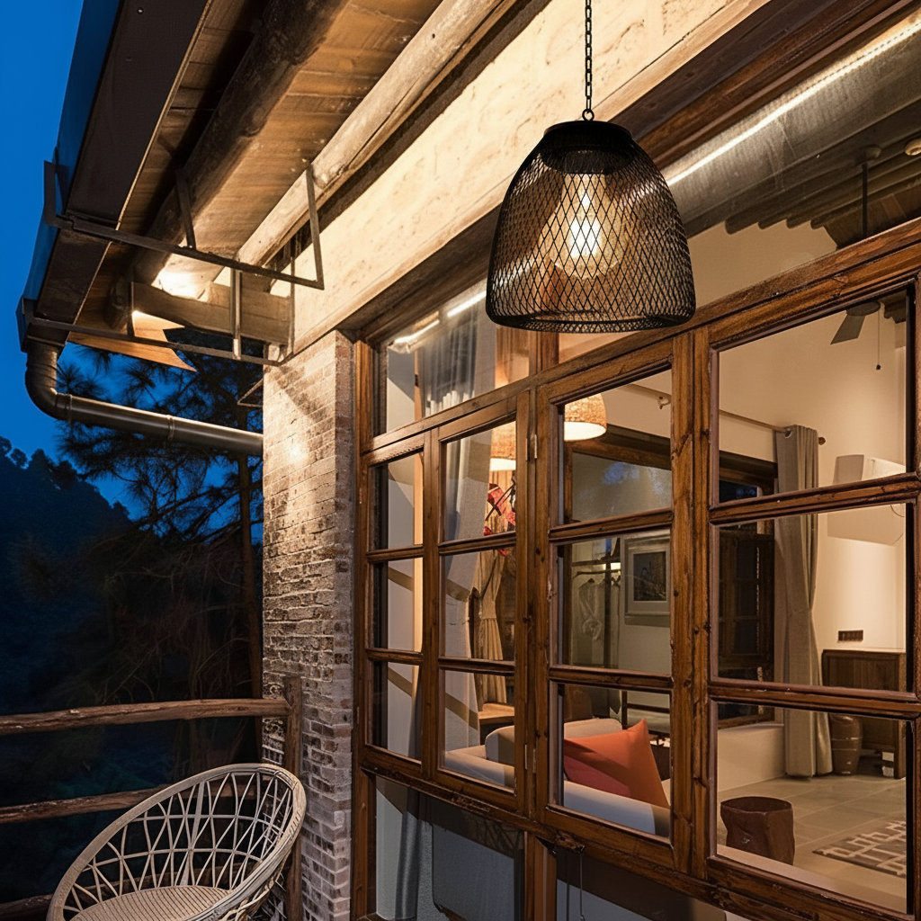 Solar Outdoor Pendant Light with Woven Bell Shade and Chain