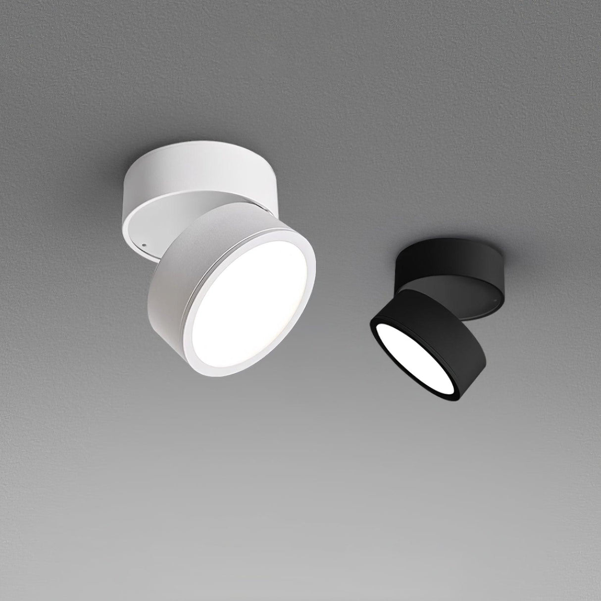 White and black versions of the spot light shown together against a grey wall