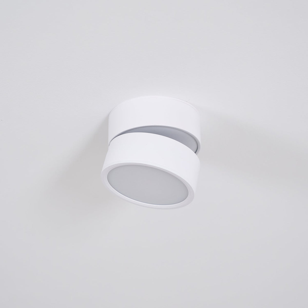 White spot light mounted flat with the head turned slightly to one side