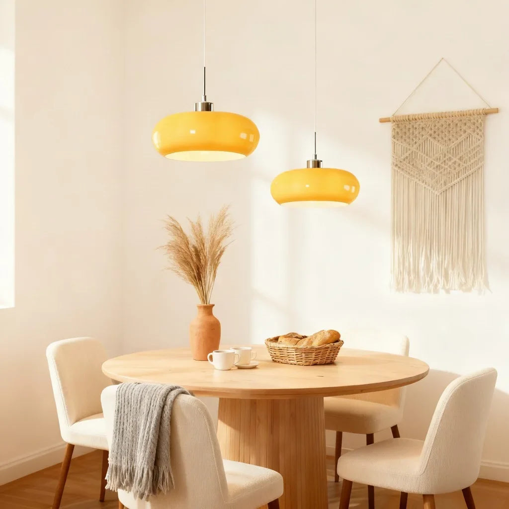 Close-up of a white oval glass shade with a brushed metal ceiling cap