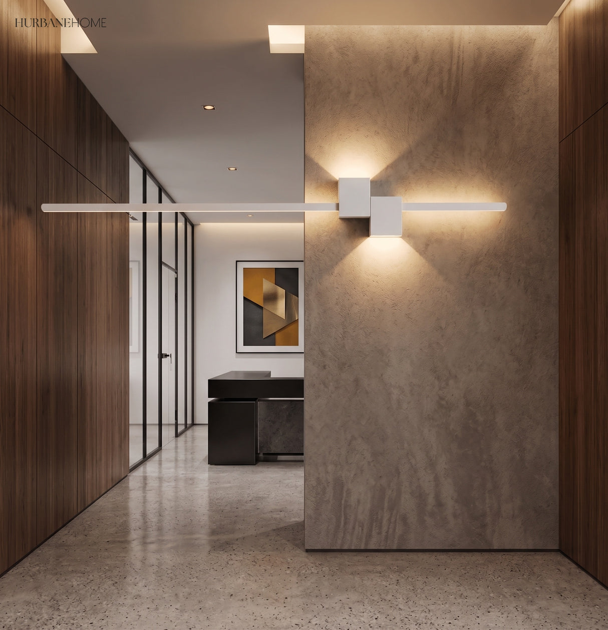 White linear wall sconce lighting a timber-panelled hallway