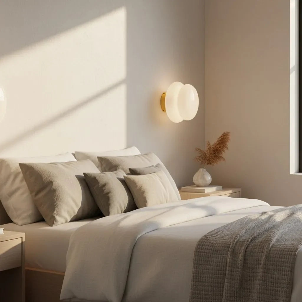 White opal glass wall sconce beside bed with brass base and dried grass
