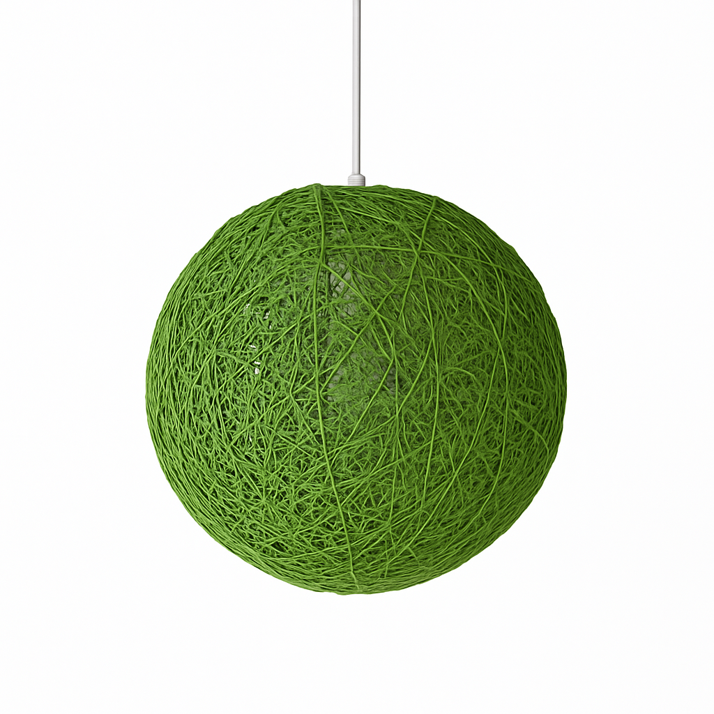 Green woven globe pendant on a white cord