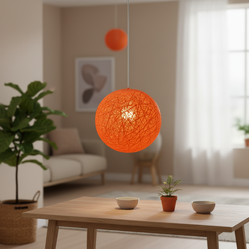 Orange woven globe pendant on a white cord